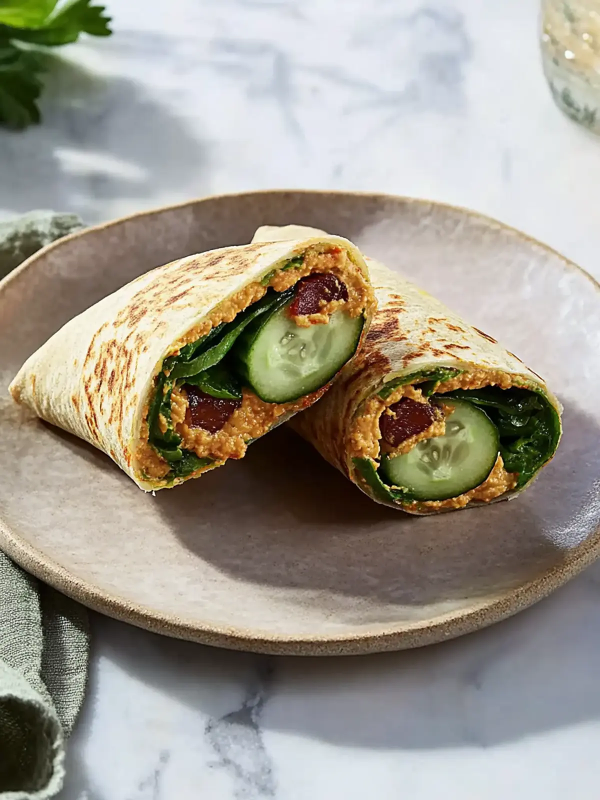 Crispy Cucumber & Roasted Red Pepper Hummus Wrap Delight 5 Cucumber & Roasted Red Pepper Hummus Wrap