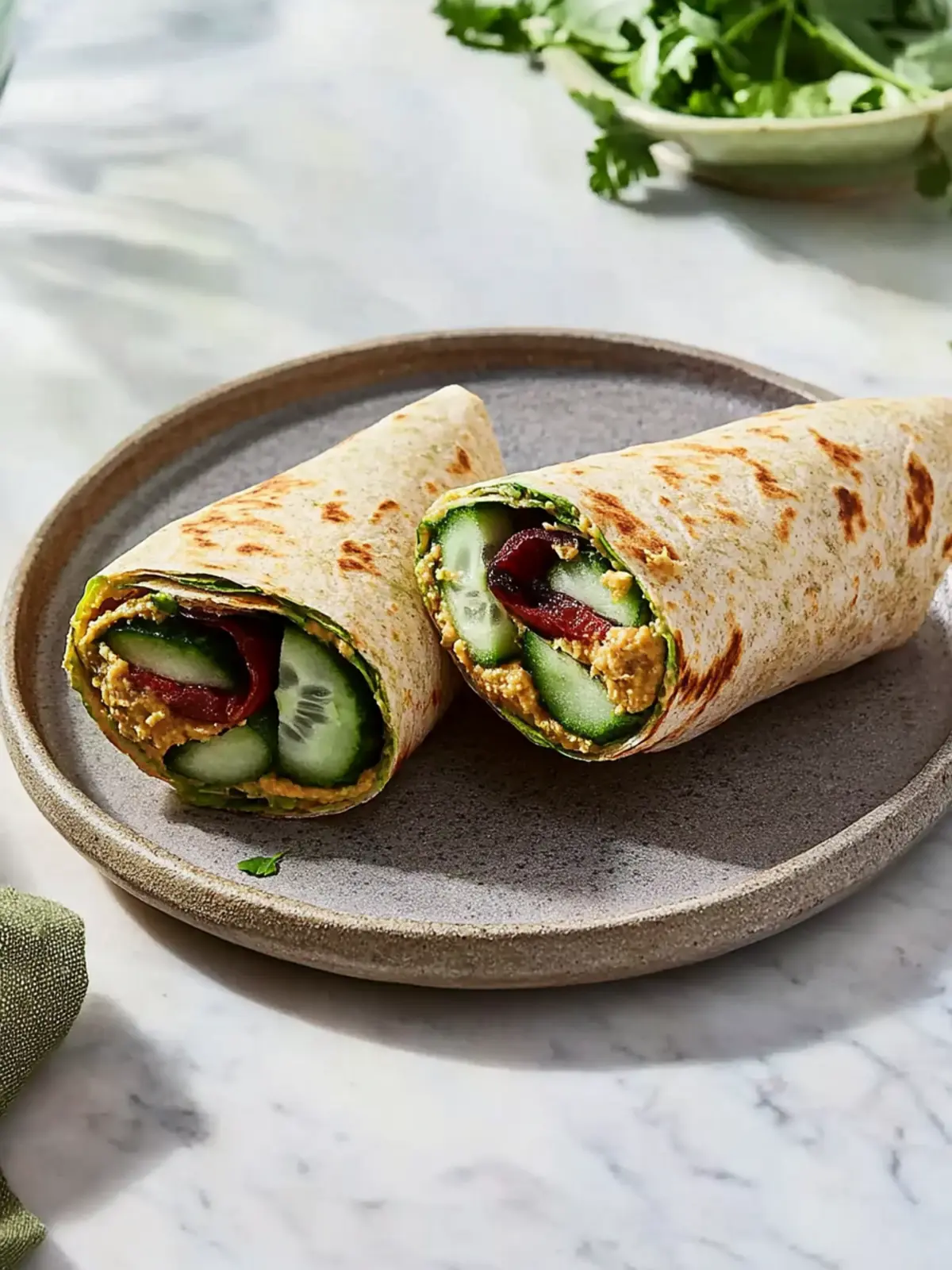Crispy Cucumber & Roasted Red Pepper Hummus Wrap Delight 4 Cucumber & Roasted Red Pepper Hummus Wrap