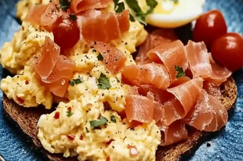 Bloody mary scrambled eggs & smoked salmon