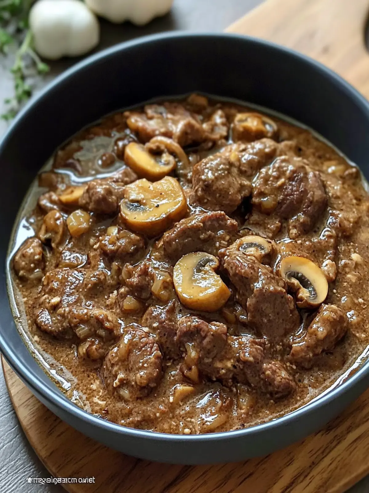 Garlic Pepper Beef in Mushroom Gravy