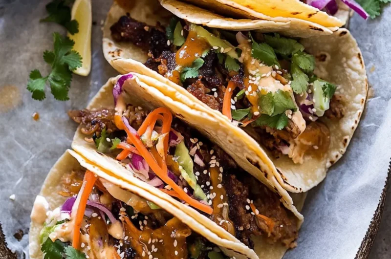 Crockpot Korean Inspired Tacos with Yum Yum Yummm Sauce.