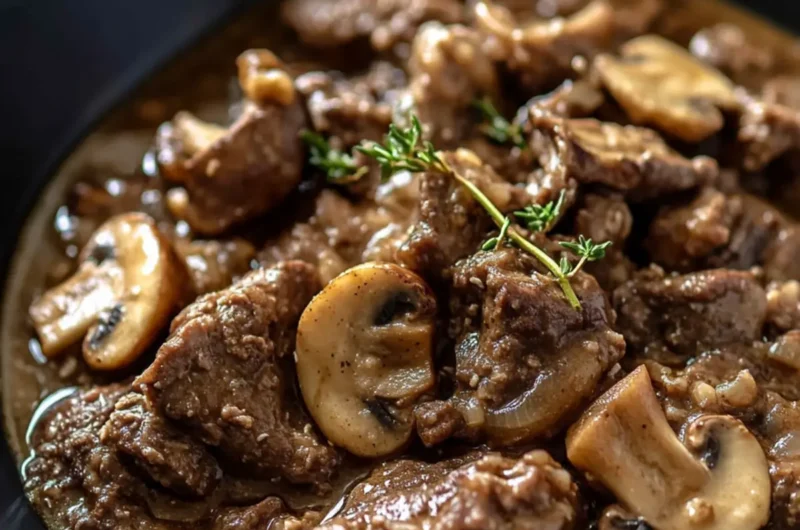 Garlic Pepper Beef in Mushroom Gravy