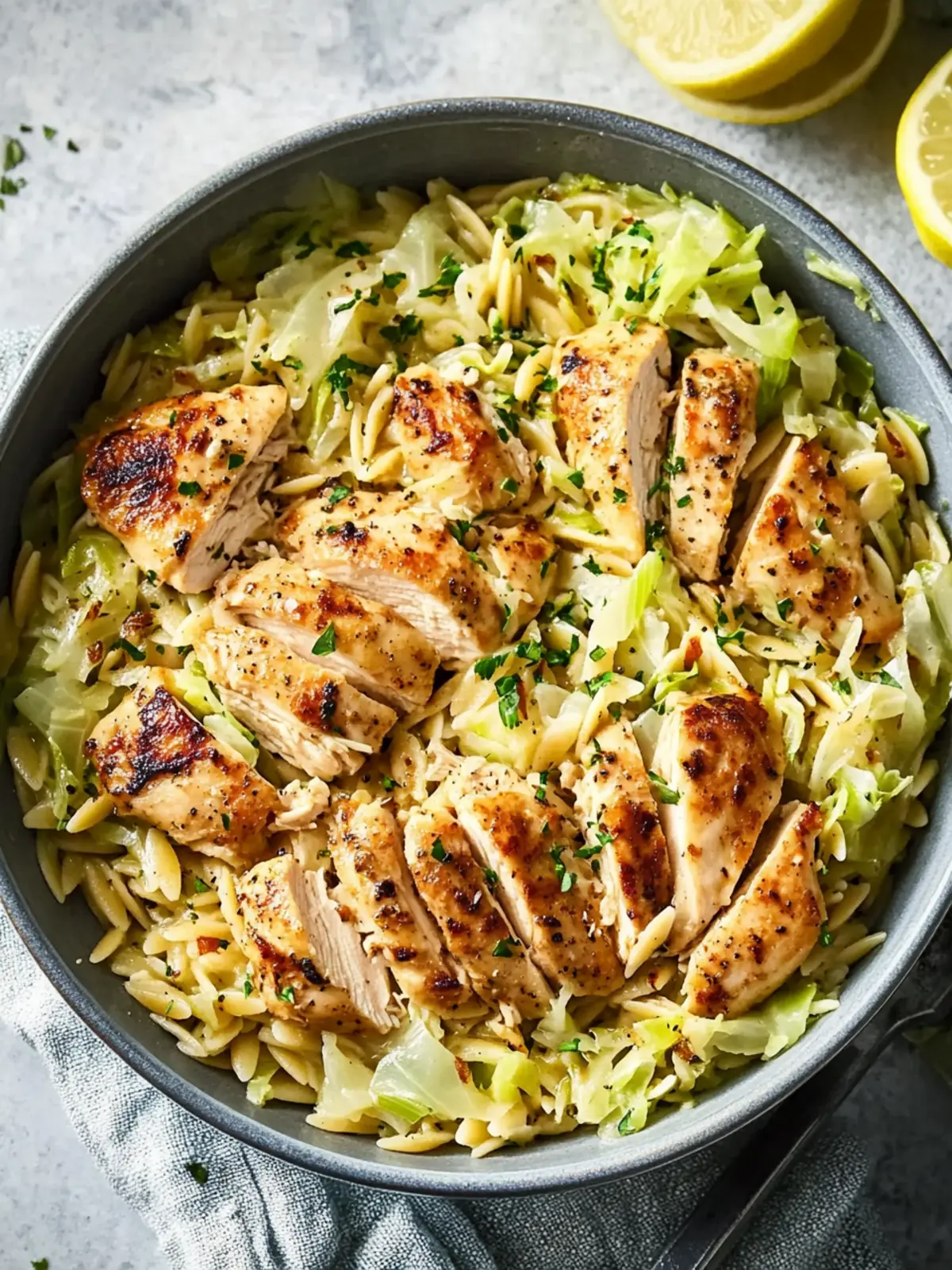 High-Protein Lemon Chicken Orzo with Cabbage