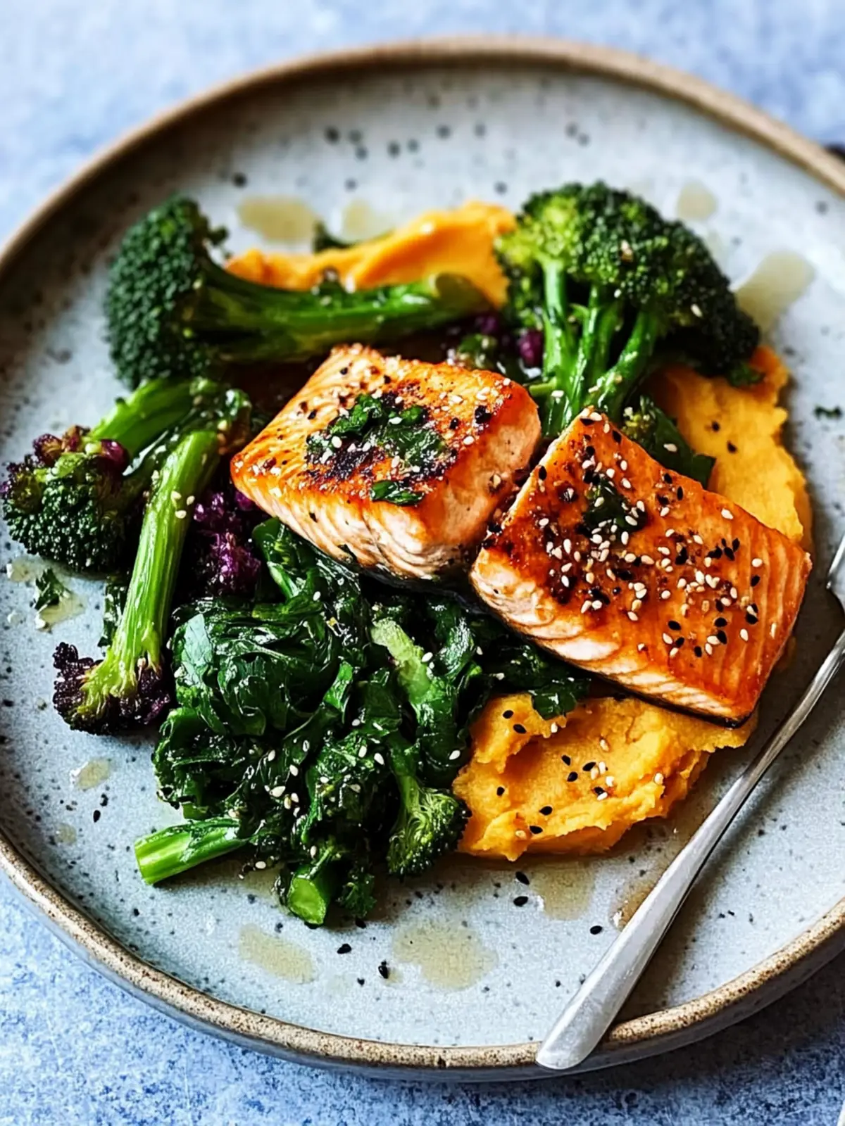 Sesame Salmon, Purple Sprouting Broccoli & Sweet Potato Bliss 2 Sesame salmon, purple sprouting broccoli & sweet potato mash
