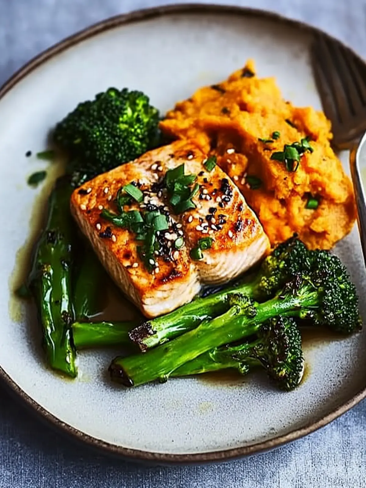 Sesame Salmon, Purple Sprouting Broccoli & Sweet Potato Bliss 4 Sesame salmon, purple sprouting broccoli & sweet potato mash