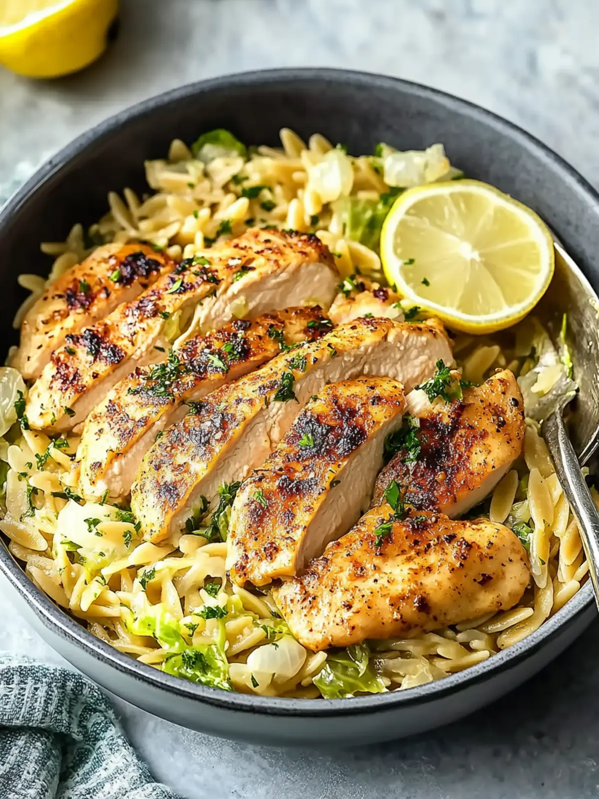 High-Protein Lemon Chicken Orzo with Cabbage