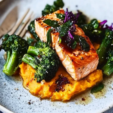 Sesame salmon, purple sprouting broccoli & sweet potato mash