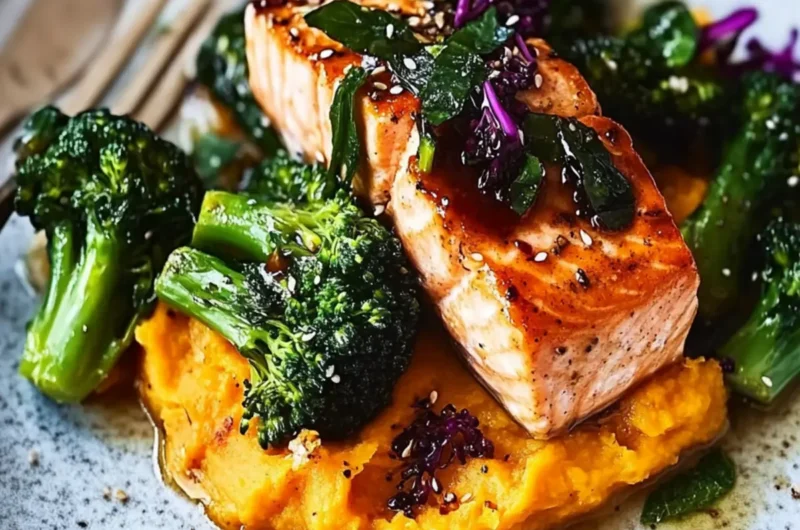 Sesame salmon, purple sprouting broccoli & sweet potato mash