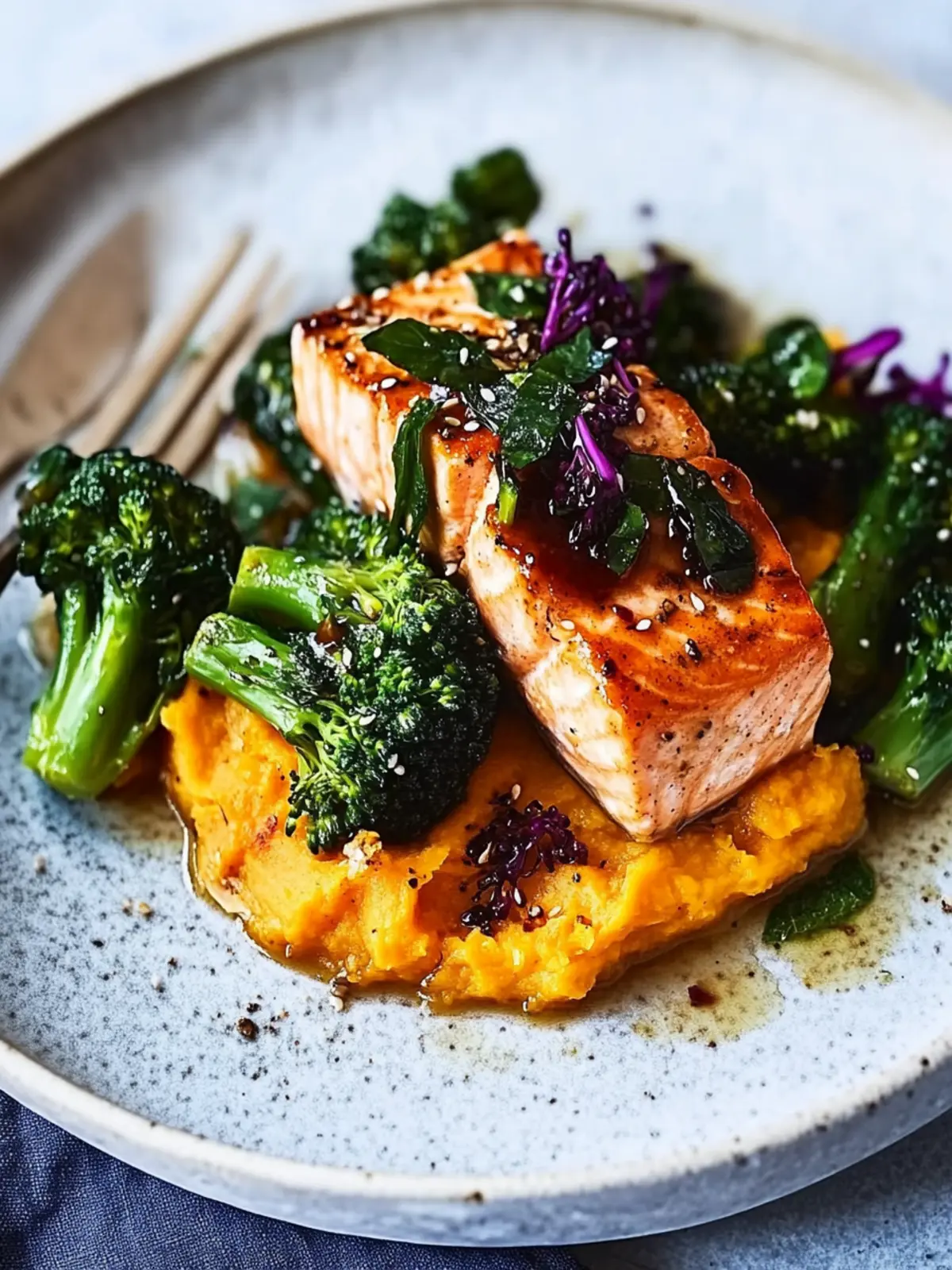 Sesame Salmon, Purple Sprouting Broccoli & Sweet Potato Bliss 5 Sesame salmon, purple sprouting broccoli & sweet potato mash