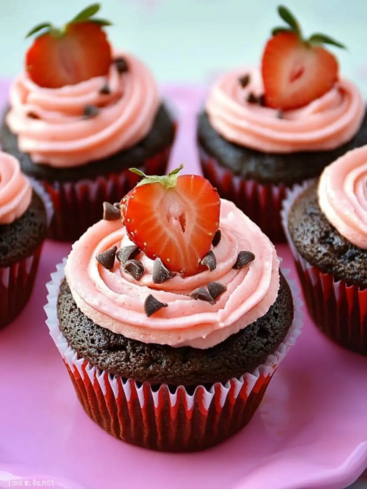 Decadent Chocolate Cupcakes with Strawberry Cream Frosting 4 Chocolate Cupcakes with Strawberry Cream Frosting