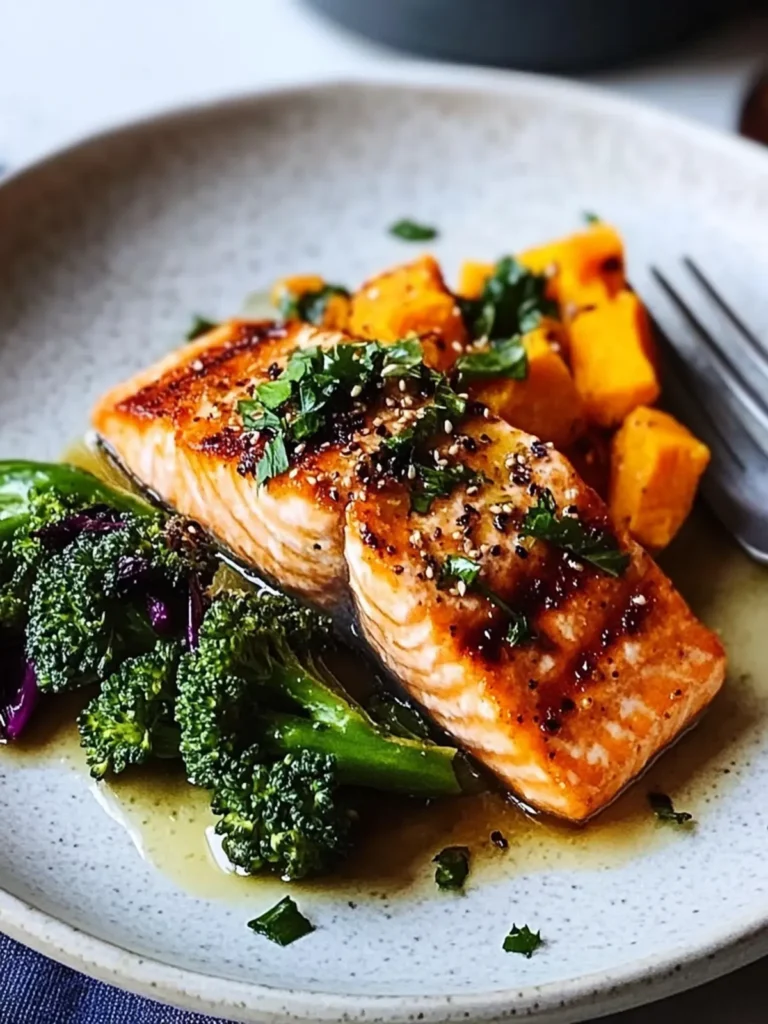 Sesame salmon, purple sprouting broccoli & sweet potato mash
