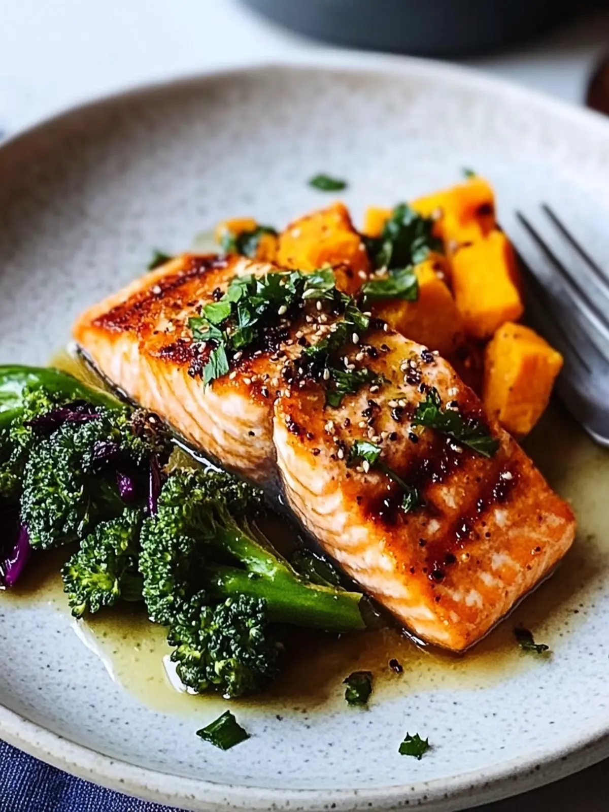 Sesame Salmon, Purple Sprouting Broccoli & Sweet Potato Bliss 3 Sesame salmon, purple sprouting broccoli & sweet potato mash