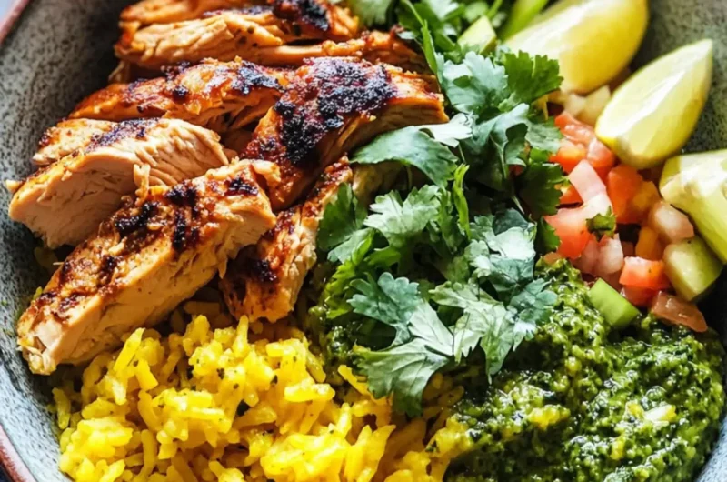 Crockpot Chicken Bowls with Yellow Rice and Cilantro Pesto