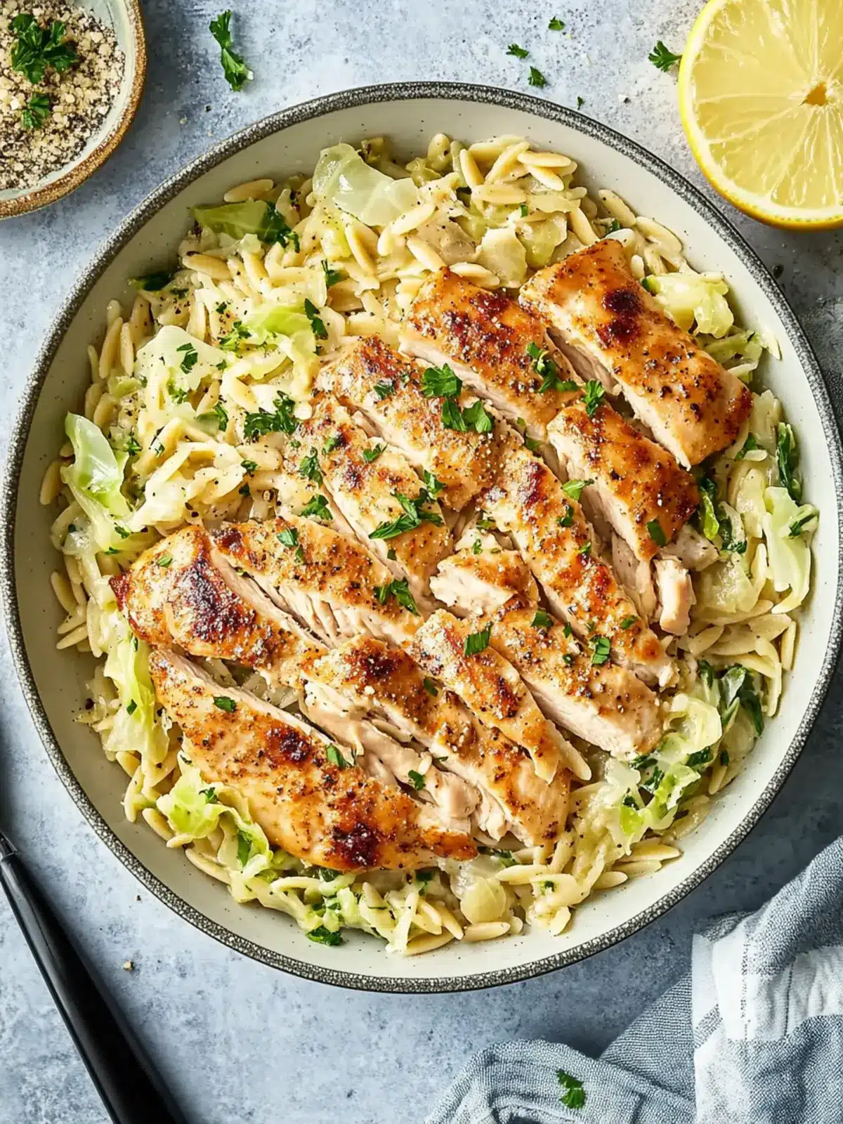 High-Protein Lemon Chicken Orzo with Cabbage