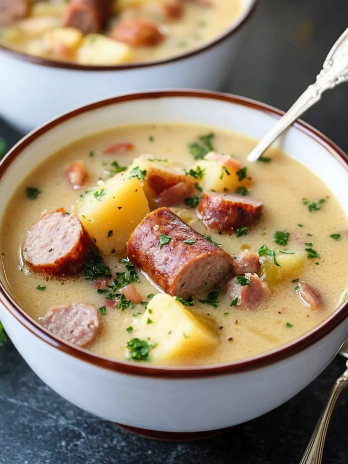 Slow Cooker Cheesy Smoked Sausage and Idaho Potato Soup