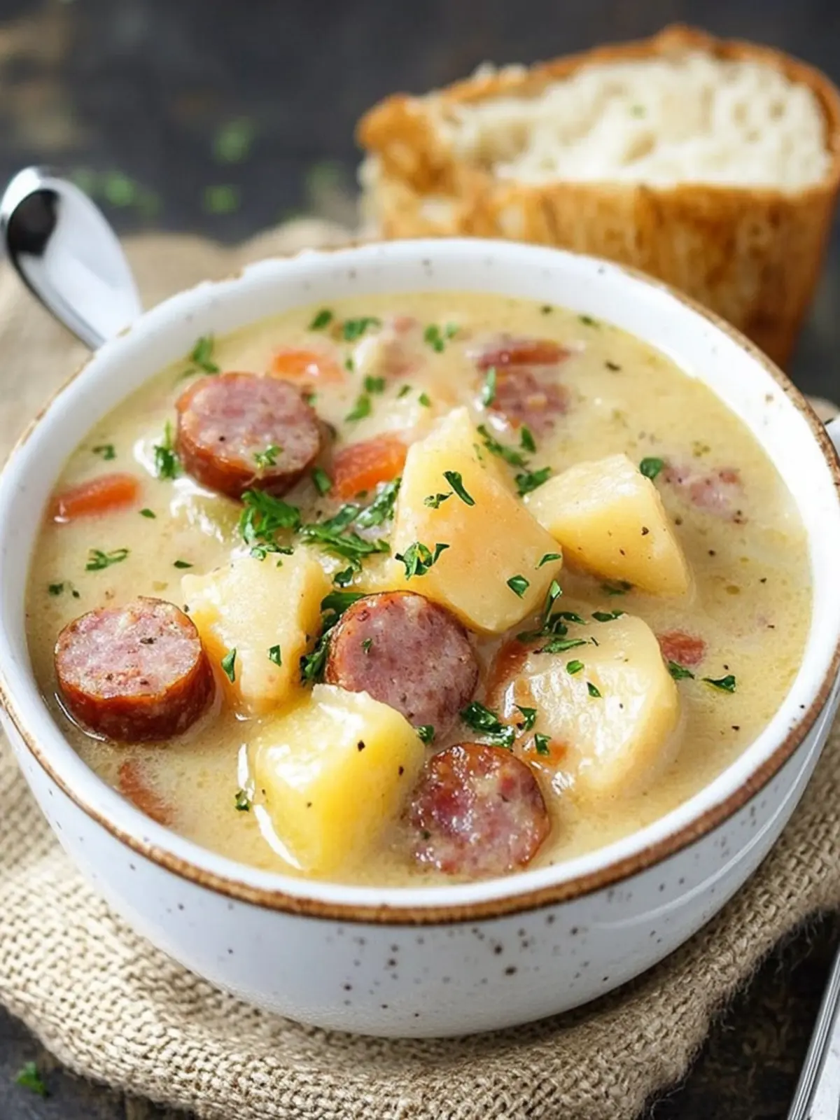 Slow Cooker Cheesy Smoked Sausage and Idaho Potato Soup