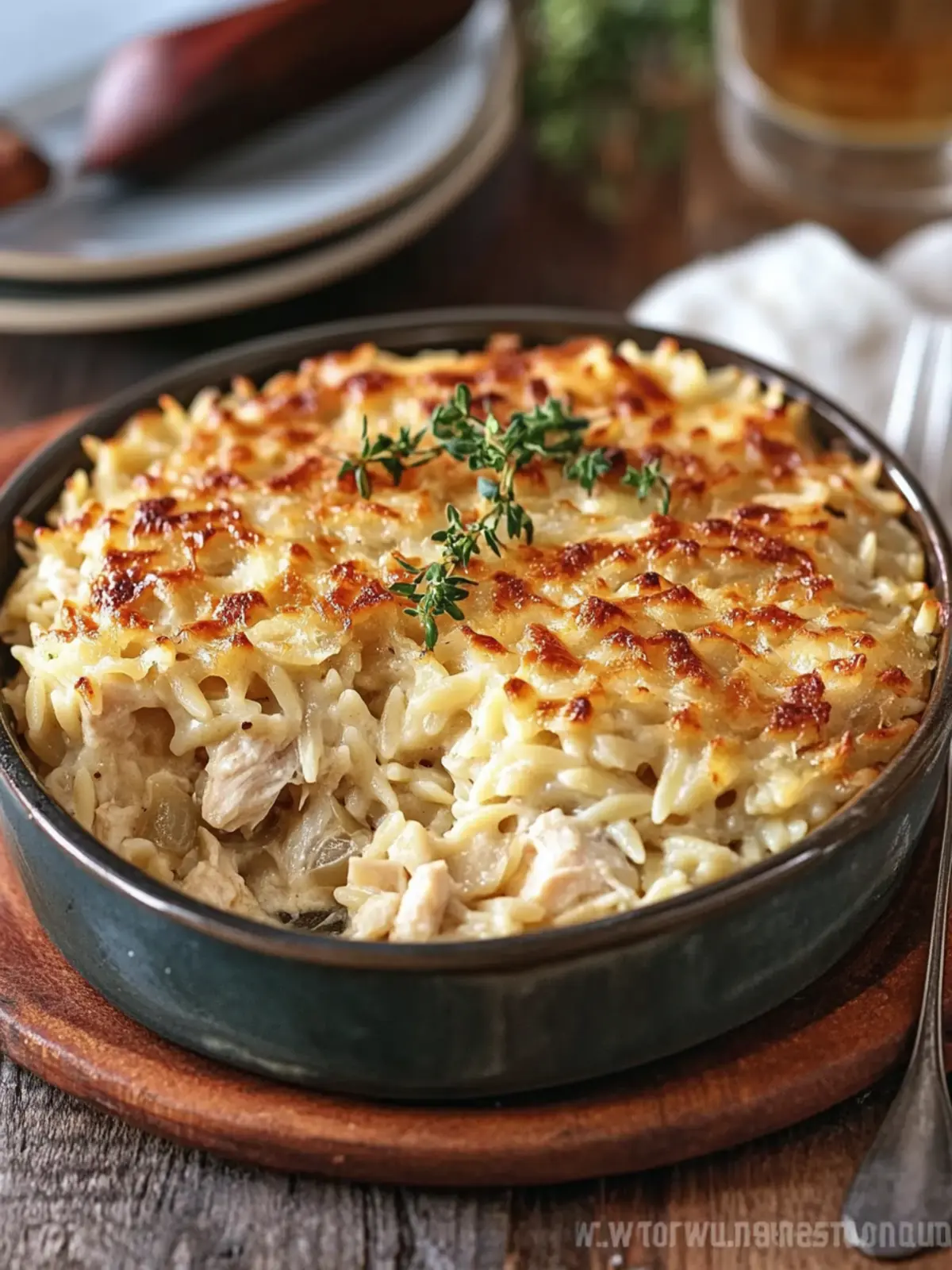 French Onion Chicken Orzo Casserole