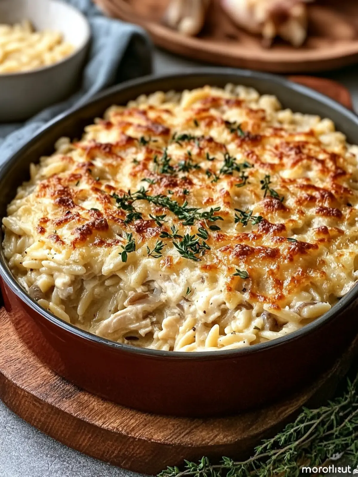 French Onion Chicken Orzo Casserole