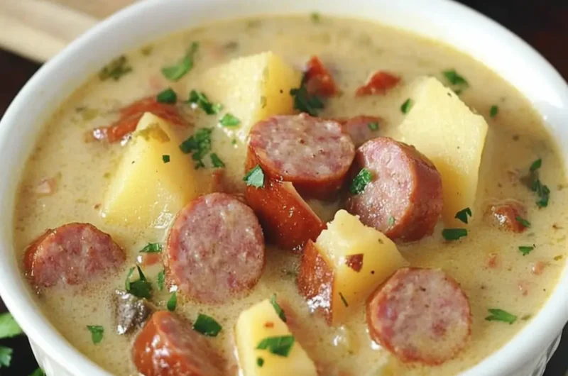 Slow Cooker Cheesy Smoked Sausage and Idaho Potato Soup