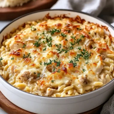 French Onion Chicken Orzo Casserole