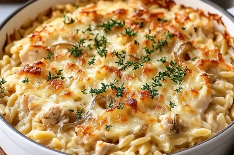 French Onion Chicken Orzo Casserole