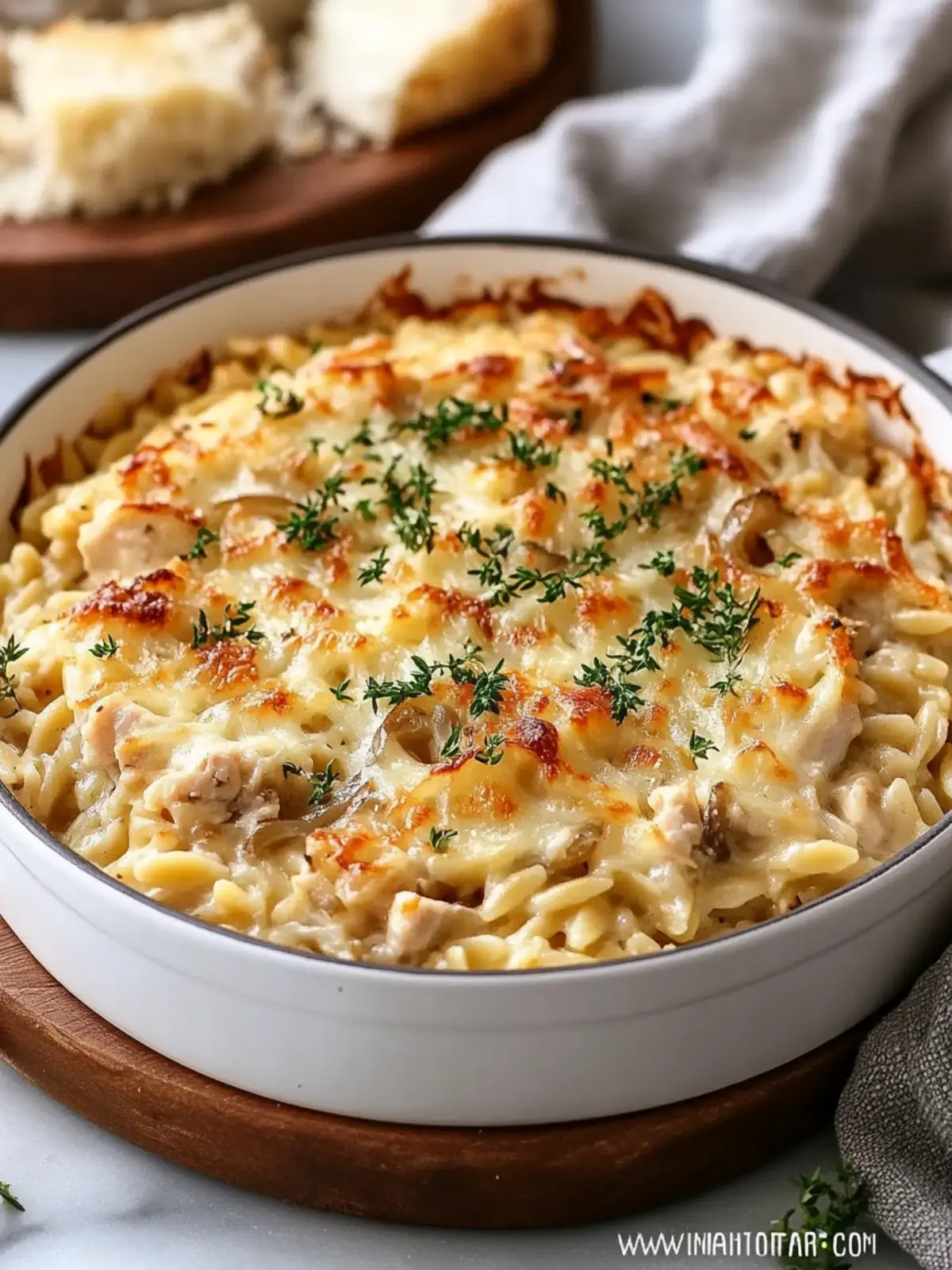 French Onion Chicken Orzo Casserole