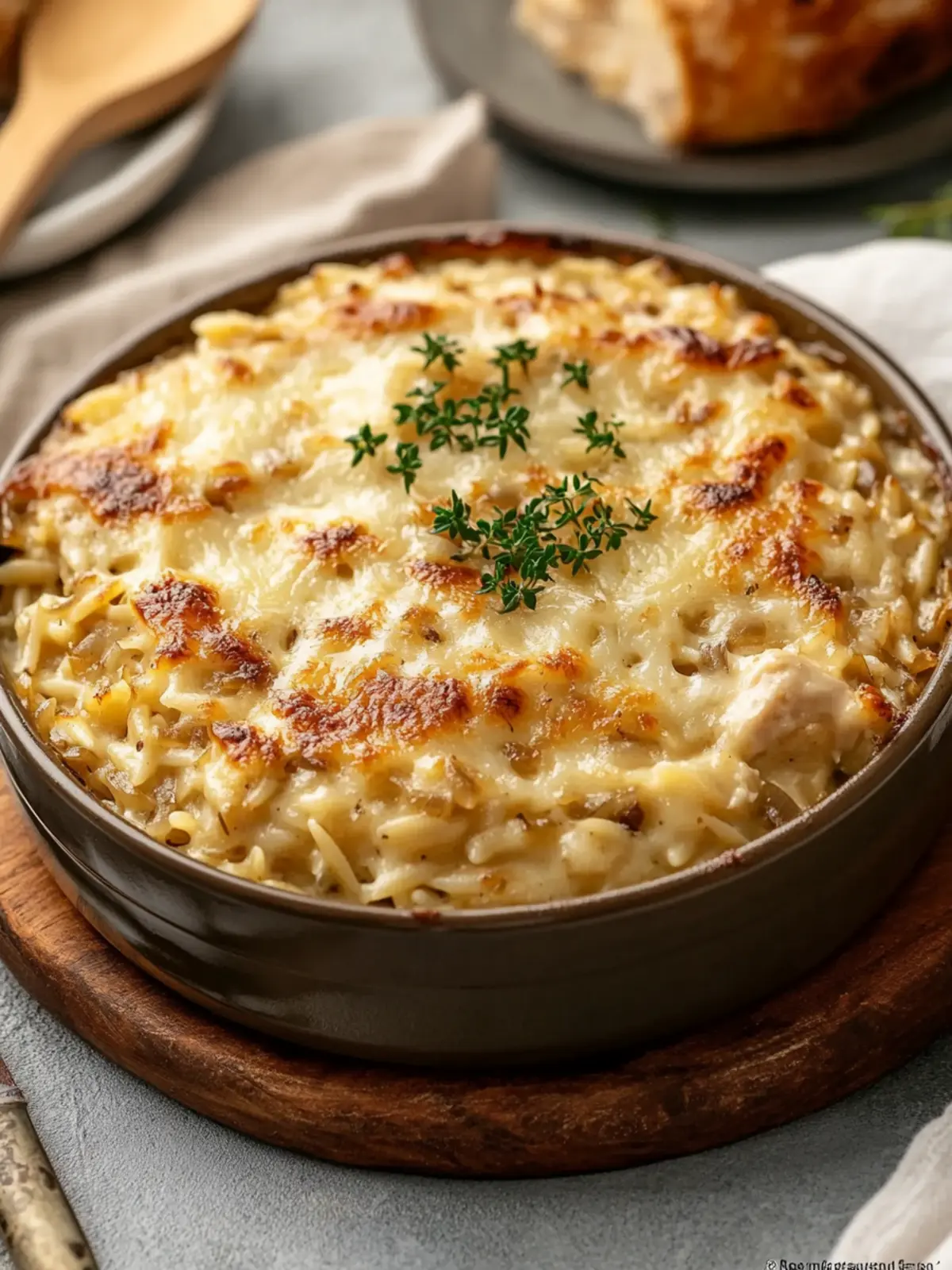 French Onion Chicken Orzo Casserole