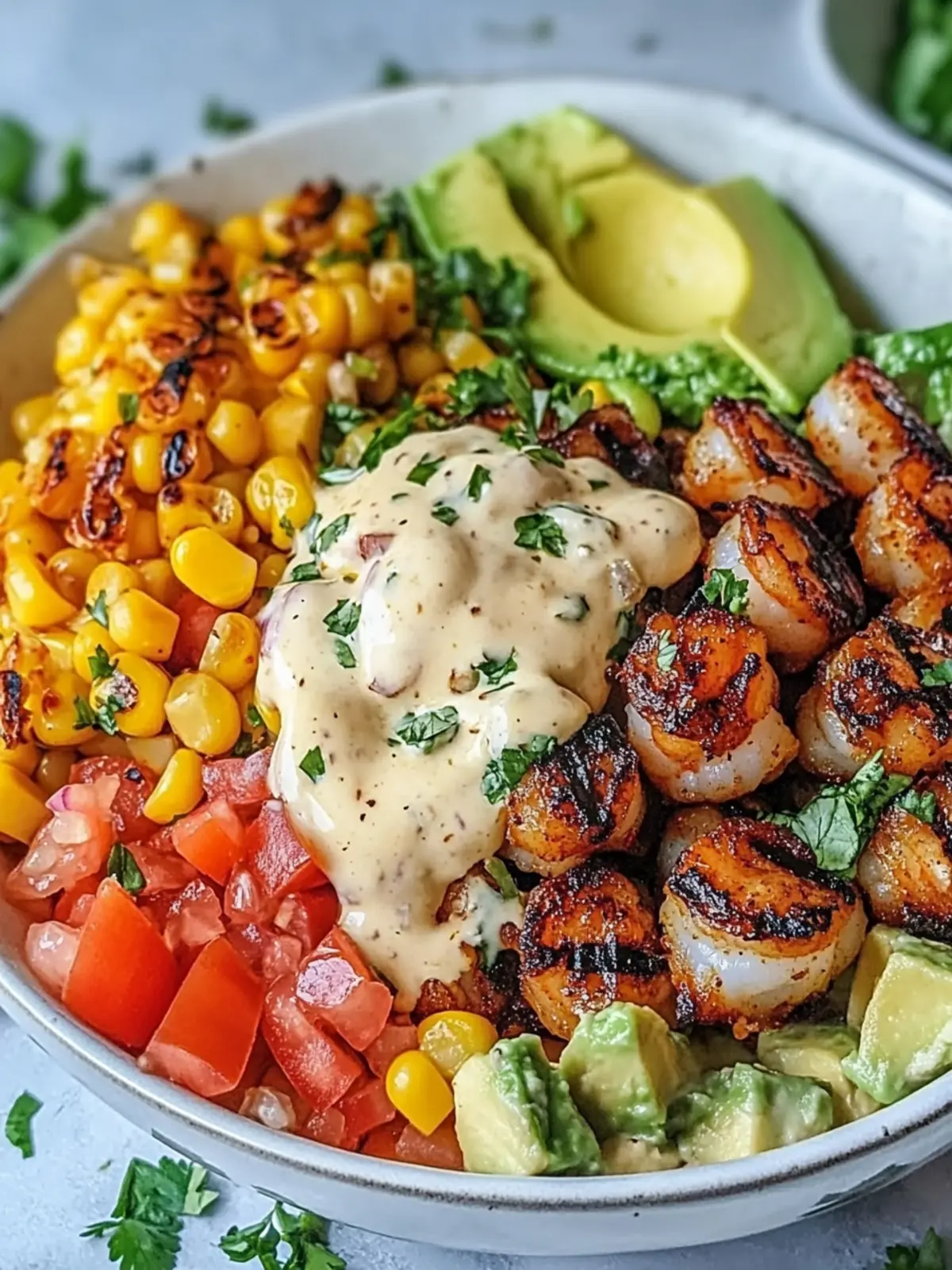 Grilled Shrimp Bowl with Avocado, Corn Salsa & Creamy Garlic Sauce: An Incredible 7-Ingredient Recipe
