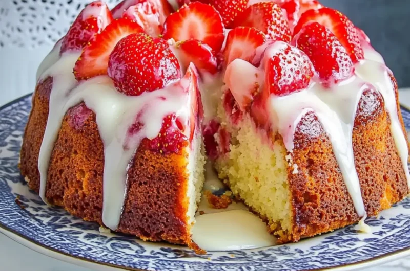 Strawberries and Cream Coffee Cake with Vanilla Cream Cheese Glaze