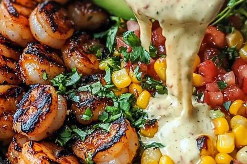 Grilled Shrimp Bowl with Avocado, Corn Salsa & Creamy Garlic Sauce: An Incredible 7-Ingredient Recipe