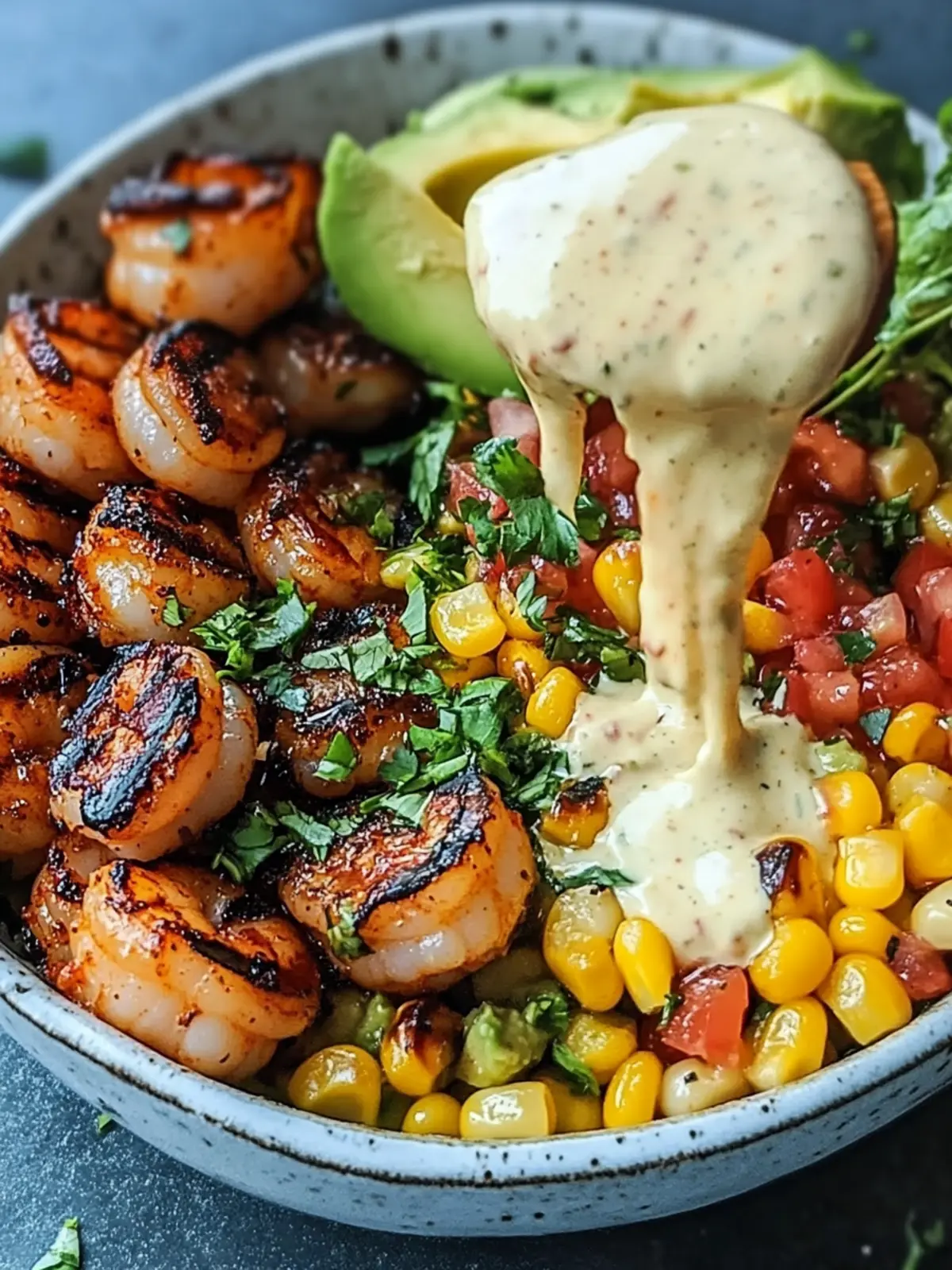 Grilled Shrimp Bowl with Avocado, Corn Salsa & Creamy Garlic Sauce: An Incredible 7-Ingredient Recipe
