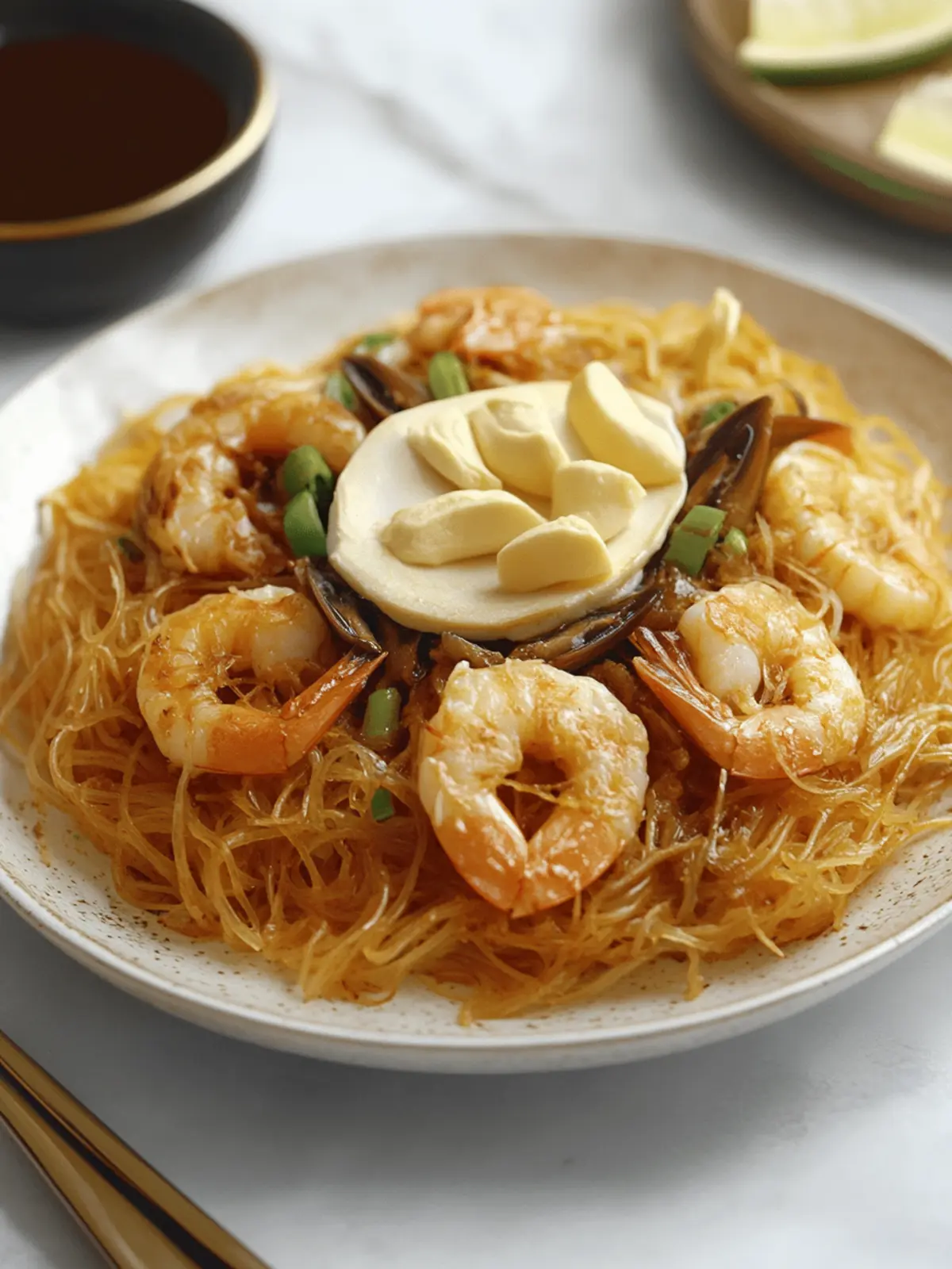 Filipino Pancit Malabon (Shrimp Noodles)