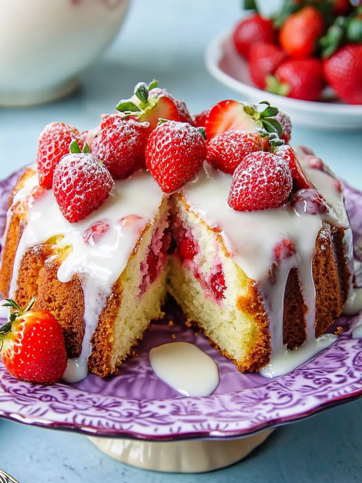 Strawberries and Cream Coffee Cake with Vanilla Cream Cheese Glaze