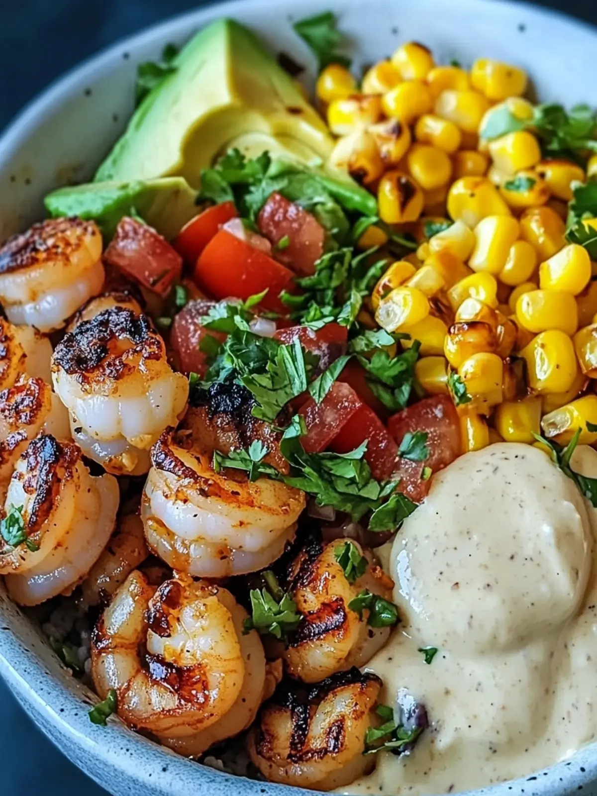 Grilled Shrimp Bowl with Avocado, Corn Salsa & Creamy Garlic Sauce: An Incredible 7-Ingredient Recipe