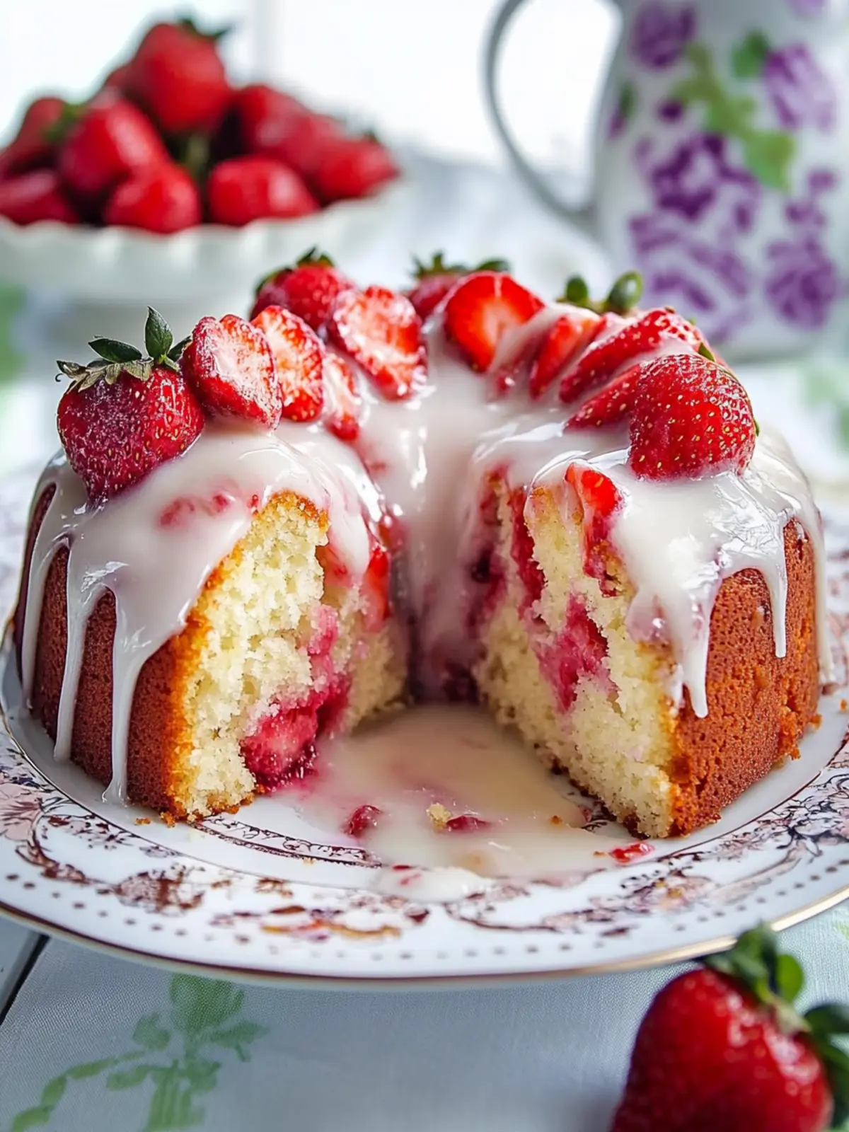 Strawberries and Cream Coffee Cake with Vanilla Cream Cheese Glaze