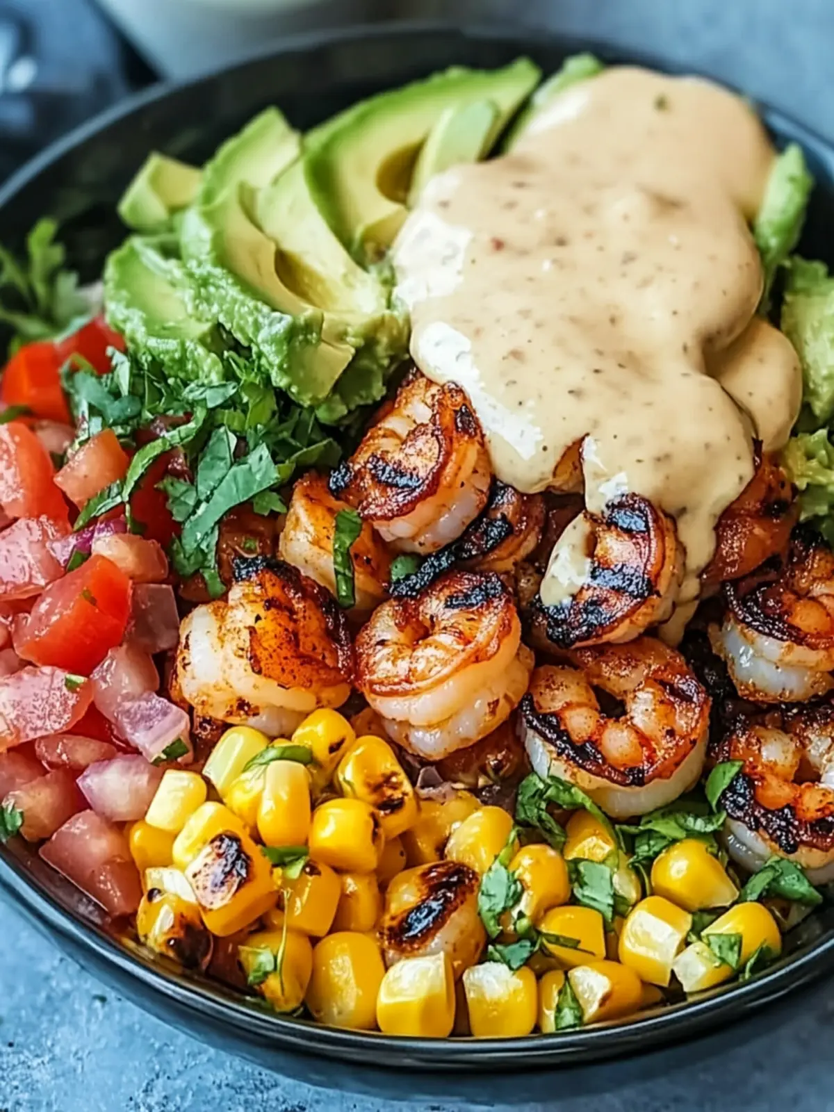 Grilled Shrimp Bowl with Avocado, Corn Salsa & Creamy Garlic Sauce: An Incredible 7-Ingredient Recipe