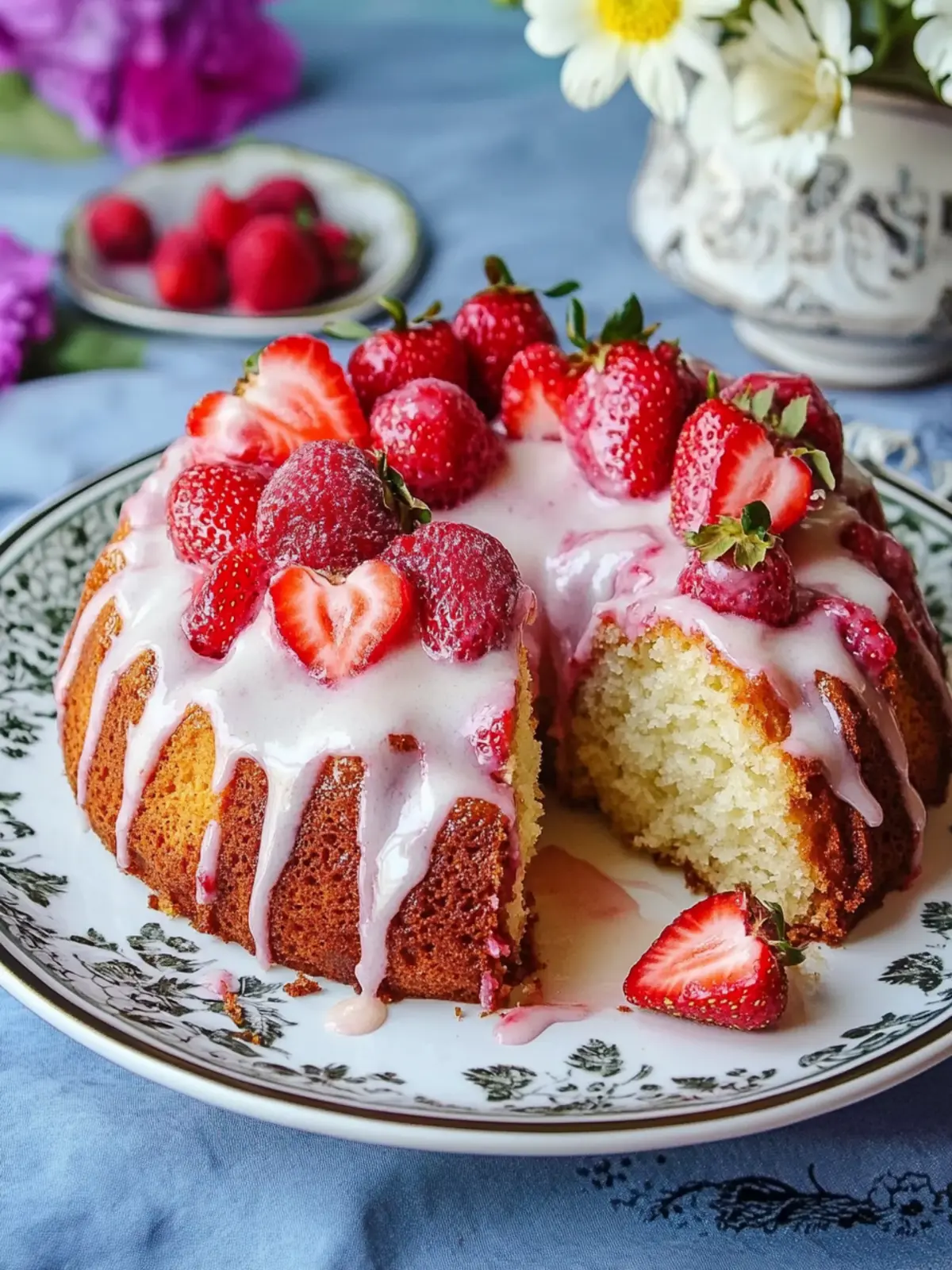 Strawberries and Cream Coffee Cake with Vanilla Cream Cheese Glaze