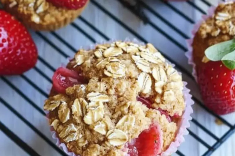 Strawberry Rhubarb Baked Oatmeal Muffins