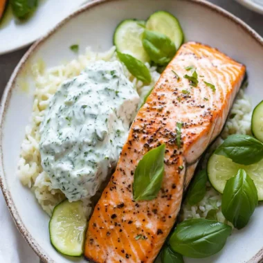 15-Minute Pan Seared Salmon with Basil Tzatziki