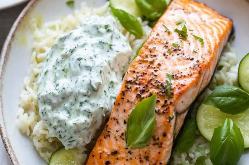 15-Minute Pan Seared Salmon with Basil Tzatziki