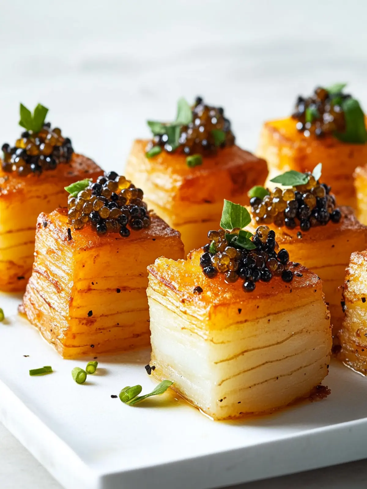 Crispy Potato Pave Tots with Luxurious Caviar Delight 4 Potato Pave Tots with Caviar