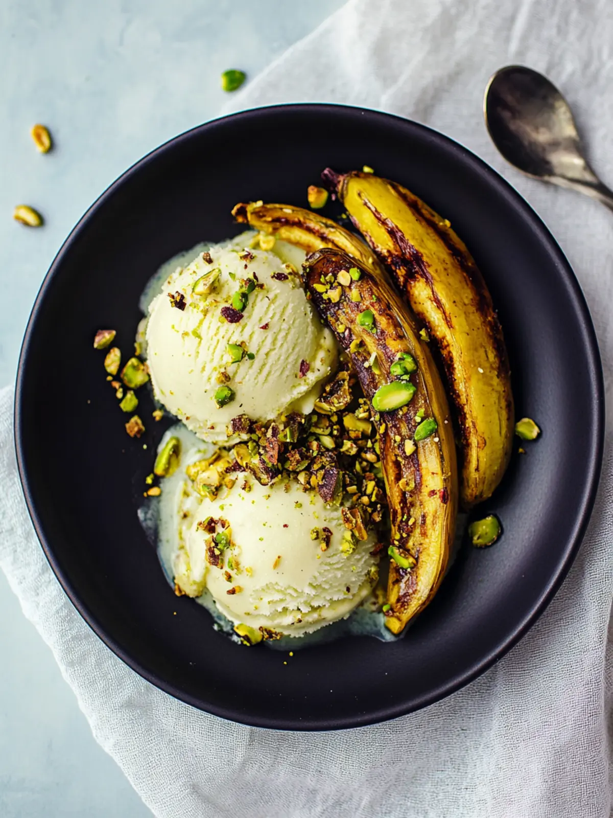 Irresistible Roasted Plantain with Pistachio Ice Cream Treat 3 Roasted plantain with pistachio ice cream & salted pistachio brittle