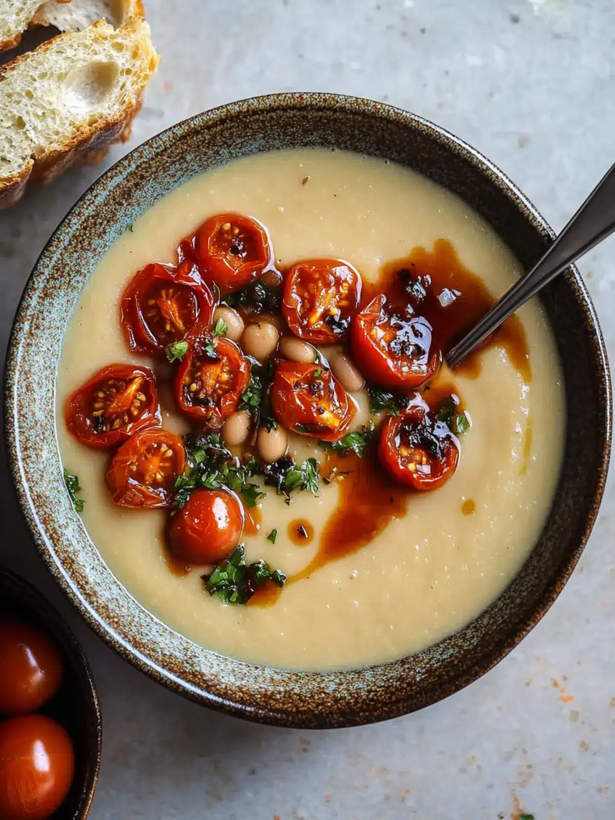 White Bean and Miso Soup with Harissa Roasted Tomatoes