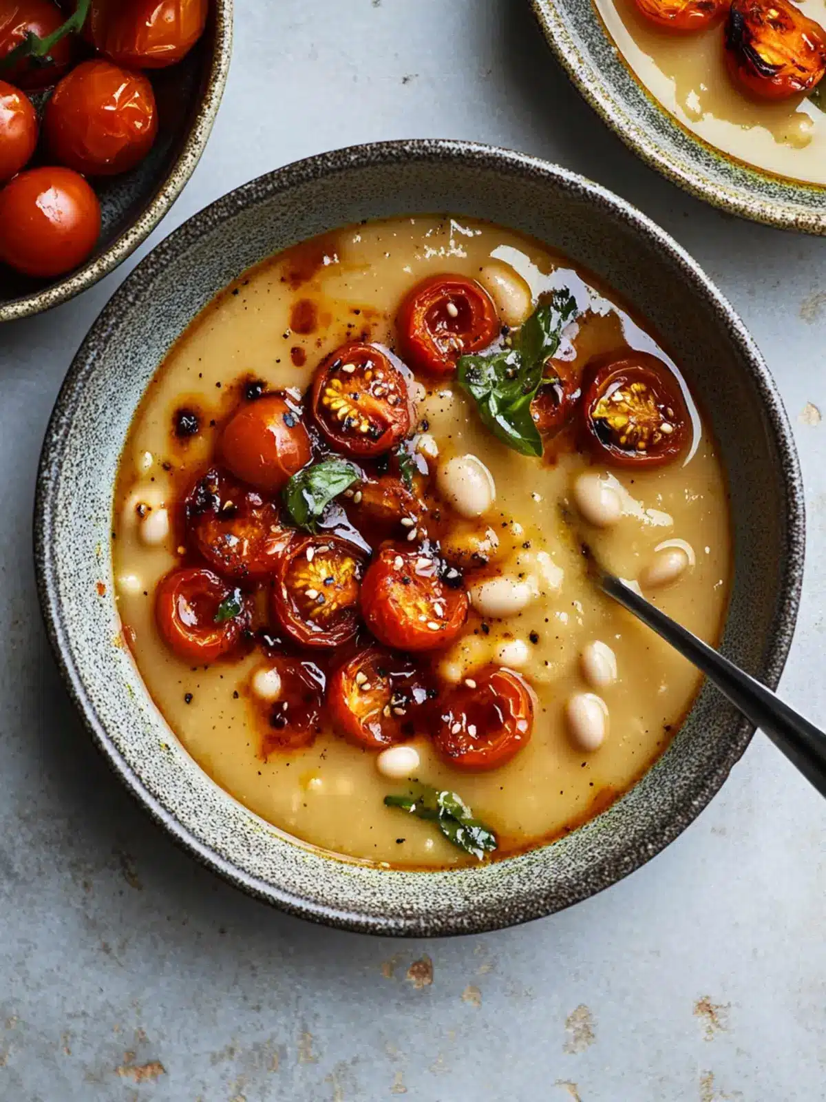White Bean and Miso Soup with Harissa Roasted Tomatoes