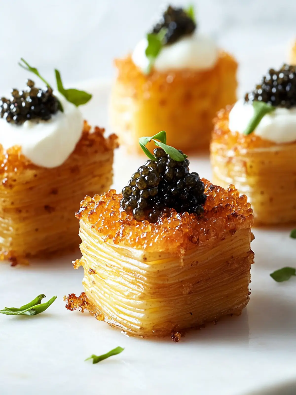 Crispy Potato Pave Tots with Luxurious Caviar Delight 3 Potato Pave Tots with Caviar