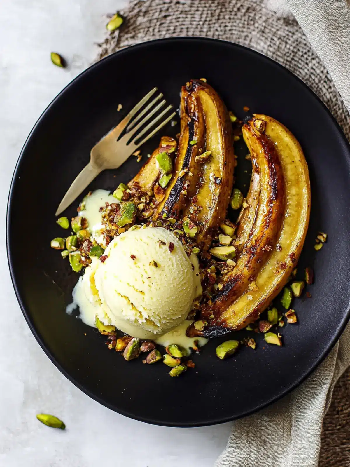 Irresistible Roasted Plantain with Pistachio Ice Cream Treat 2 Roasted plantain with pistachio ice cream & salted pistachio brittle