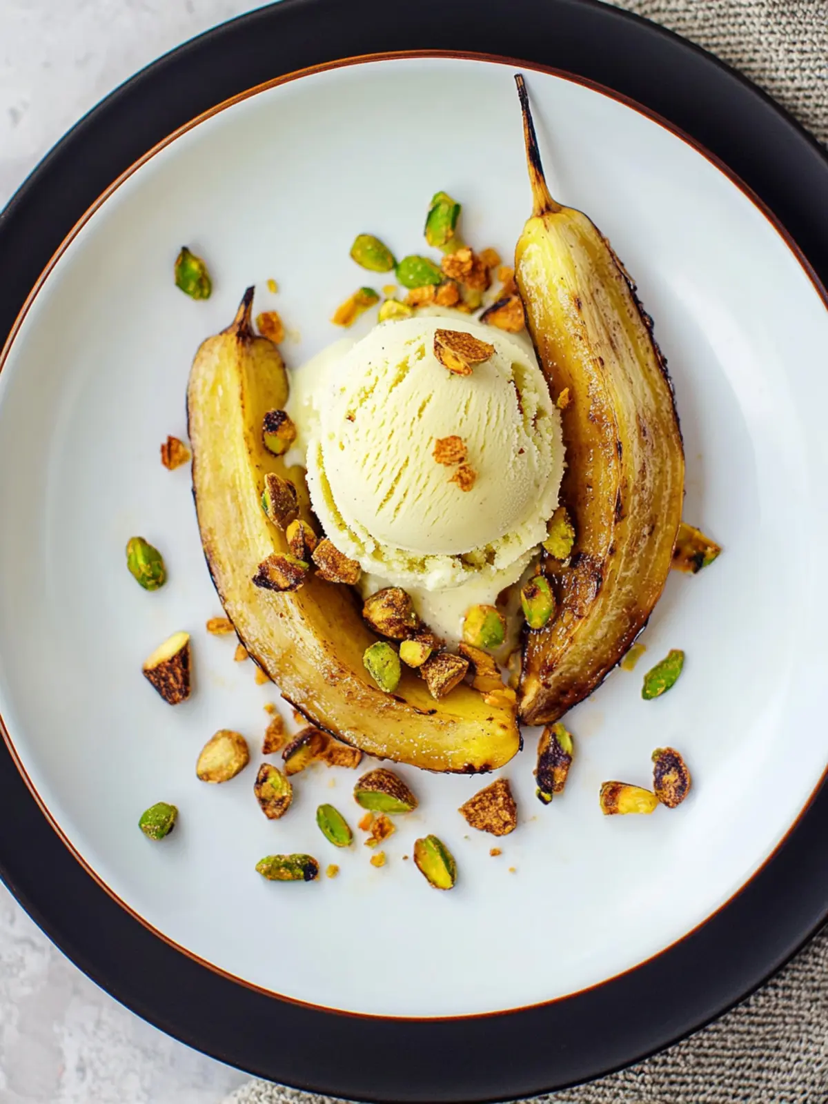 Irresistible Roasted Plantain with Pistachio Ice Cream Treat 4 Roasted plantain with pistachio ice cream & salted pistachio brittle