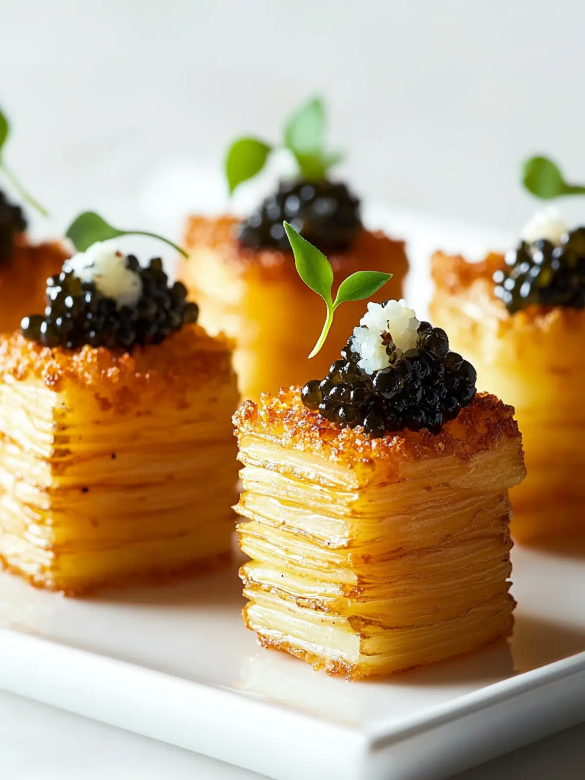 Crispy Potato Pave Tots with Luxurious Caviar Delight 2 Potato Pave Tots with Caviar