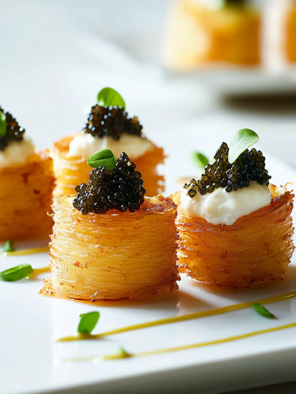 Crispy Potato Pave Tots with Luxurious Caviar Delight 5 Potato Pave Tots with Caviar