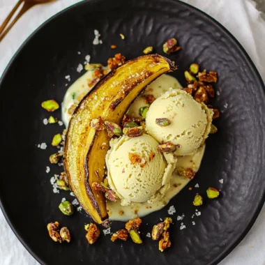 Irresistible Roasted Plantain with Pistachio Ice Cream Treat 10 Roasted plantain with pistachio ice cream & salted pistachio brittle